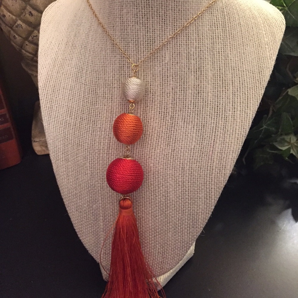 Orange Bead and Tassel Long Necklace